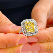 Load image into Gallery viewer, Huge Women's 14k solid white gold Light Fancy Yellow Radiant simulated and round cut natural diamond engagement ring Halo 6.00ct