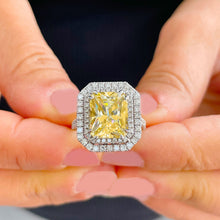 Load image into Gallery viewer, Huge Women's 14k solid white gold Light Fancy Yellow Radiant simulated and round cut natural diamond engagement ring Halo 6.00ct