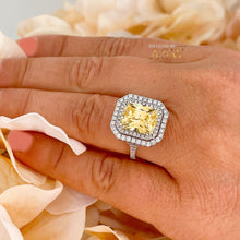 Load image into Gallery viewer, Huge Women's 14k solid white gold Light Fancy Yellow Radiant simulated and round cut natural diamond engagement ring Halo 6.00ct