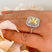 Load image into Gallery viewer, Huge Women's 14k solid white gold Light Fancy Yellow Radiant simulated and round cut natural diamond engagement ring Halo 6.00ct