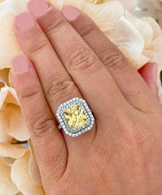 Load image into Gallery viewer, Huge Women's 14k solid white gold Light Fancy Yellow Radiant simulated and round cut natural diamond engagement ring Halo 6.00ct