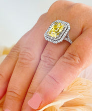 Load image into Gallery viewer, Huge Women's 14k solid white gold Light Fancy Yellow Radiant simulated and round cut natural diamond engagement ring Halo 6.00ct
