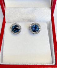 Load image into Gallery viewer, 14K Solid White Gold Round Cut Natural Sapphire And Diamond Deco Style Wedding, Anniversary, Bridal, Halo Stud Earrings 2.00ctw