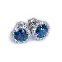 Load image into Gallery viewer, 14K Solid White Gold Round Cut Natural Sapphire And Diamond Deco Style Wedding, Anniversary, Bridal, Halo Stud Earrings 2.00ctw