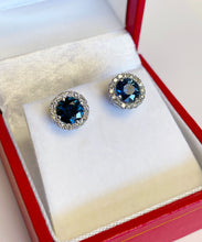Load image into Gallery viewer, 14K Solid White Gold Round Cut Natural Sapphire And Diamond Deco Style Wedding, Anniversary, Bridal, Halo Stud Earrings 2.00ctw