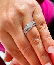 Load image into Gallery viewer, Unique 14K Solid White Gold Triangle Cut Moissanite And Round Cut Natural Diamonds Engagement Ring And Two Band Set Wedding 2.00ctw