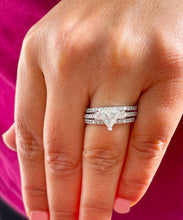 Load image into Gallery viewer, Unique 14K Solid White Gold Triangle Cut Moissanite And Round Cut Natural Diamonds Engagement Ring And Two Band Set Wedding 2.00ctw