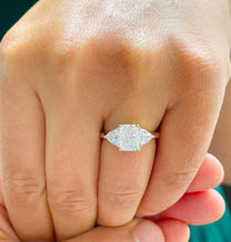 Load image into Gallery viewer, Large 14k solid yellow gold radiant shape and trillion cut moissanite engagement ring art deco three stone style 3.30ctw
