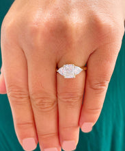 Load image into Gallery viewer, Large 14k solid yellow gold radiant shape and trillion cut moissanite engagement ring art deco three stone style 3.30ctw