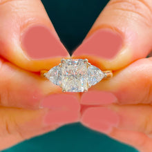 Load image into Gallery viewer, Large 14k solid yellow gold radiant shape and trillion cut forever one moissanite engagement ring art deco three stone style 3.30ctw