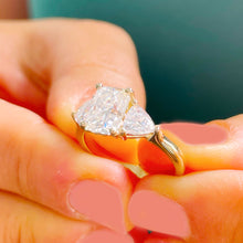 Load image into Gallery viewer, Large 14k solid yellow gold radiant shape and trillion cut forever one moissanite engagement ring art deco three stone style 3.30ctw
