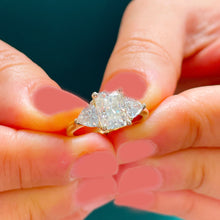 Load image into Gallery viewer, Large 14k solid yellow gold radiant shape and trillion cut forever one moissanite engagement ring art deco three stone style 3.30ctw