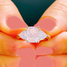Load image into Gallery viewer, Large 14k solid yellow gold radiant shape and trillion cut moissanite engagement ring art deco three stone style 3.30ctw