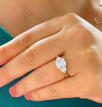 Load image into Gallery viewer, Large 14k solid yellow gold radiant shape and trillion cut moissanite engagement ring art deco three stone style 3.30ctw