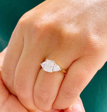 Load image into Gallery viewer, Large 14k solid yellow gold radiant shape and trillion cut moissanite engagement ring art deco three stone style 3.30ctw
