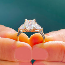 Load image into Gallery viewer, Large 14k solid yellow gold radiant shape and trillion cut forever one moissanite engagement ring art deco three stone style 3.30ctw
