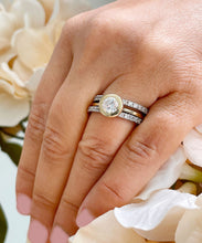 Load image into Gallery viewer, 14k Yellow And White Gold Round Cut Forever One Moissanite and Natural Diamond Engagement Ring And Two Bands Bezel Set Halo 2.40ctw