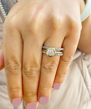 Load image into Gallery viewer, 14k Yellow And White Gold Round Cut Forever One Moissanite and Natural Diamond Engagement Ring And Two Bands Bezel Set Halo 2.40ctw