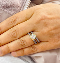 Load image into Gallery viewer, 14k Yellow And White Gold Round Cut Forever One Moissanite and Natural Diamond Engagement Ring And Two Bands Bezel Set Halo 2.40ctw