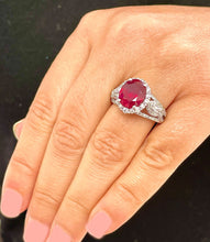 Load image into Gallery viewer, 14K Solid White Gold Oval Shape Natural Ruby and Round And Marquee Cut Natural Diamonds Engagement Ring Halo Prong Set 4.50ctw