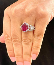 Load image into Gallery viewer, 14K Solid White Gold Oval Shape Natural Ruby and Round And Marquee Cut Natural Diamonds Engagement Ring Halo Prong Set 4.50ctw