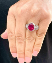 Load image into Gallery viewer, 14K Solid White Gold Oval Shape Natural Ruby and Round And Marquee Cut Natural Diamonds Engagement Ring Halo Prong Set 4.50ctw