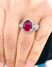 Load image into Gallery viewer, 14K Solid White Gold Oval Shape Natural Ruby and Round And Marquee Cut Natural Diamonds Engagement Ring Halo Prong Set 4.50ctw