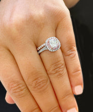 Load image into Gallery viewer, 14K White And Rose Gold Cushion Cut And Round Cut Diamond And Pink Sapphires Engagement Ring And Band Double Halo Prong Set 2.50ctw