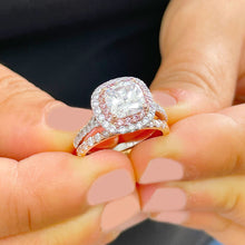 Load image into Gallery viewer, 14K White And Rose Gold Cushion Cut And Round Cut Diamond And Pink Sapphires Engagement Ring And Band Double Halo Prong Set 2.50ctw