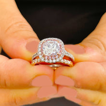 Load image into Gallery viewer, 14K White And Rose Gold Cushion Cut And Round Cut Diamond And Pink Sapphires Engagement Ring And Band Double Halo Prong Set 2.50ctw