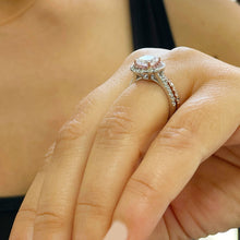 Load image into Gallery viewer, 14K White And Rose Gold Cushion Cut And Round Cut Diamond And Pink Sapphires Engagement Ring And Band Double Halo Prong Set 2.50ctw