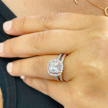 Load image into Gallery viewer, GIA/IGI Certified 14K White And Rose Gold Cushion And Round Cut Diamonds And Pink Sapphires Engagement Ring And Band Double Halo 2.40 F-VS2