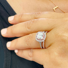 Load image into Gallery viewer, 14K White And Rose Gold Cushion Cut And Round Cut Diamond And Pink Sapphires Engagement Ring And Band Double Halo Prong Set 2.50ctw