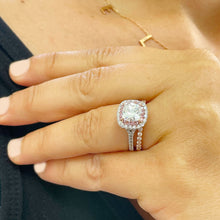 Load image into Gallery viewer, GIA/IGI Certified 14K White And Rose Gold Cushion And Round Cut Diamonds And Pink Sapphires Engagement Ring And Band Double Halo 2.40 F-VS2
