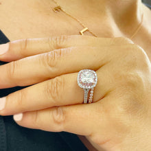 Load image into Gallery viewer, 14K White And Rose Gold Cushion Cut And Round Cut Diamond And Pink Sapphires Engagement Ring And Band Double Halo Prong Set 2.50ctw