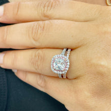 Load image into Gallery viewer, 14K White And Rose Gold Cushion Cut And Round Cut Diamond And Pink Sapphires Engagement Ring And Band Double Halo Prong Set 2.50ctw