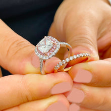 Load image into Gallery viewer, GIA/IGI Certified 14K White And Rose Gold Cushion And Round Cut Diamonds And Pink Sapphires Engagement Ring And Band Double Halo 2.40 F-VS2