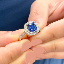 Load image into Gallery viewer, 14k Solid White Gold Natural Cushion Cut sapphire and Natural Diamonds Engagement Ring Bezel Set 2.50ctw