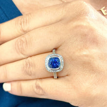Load image into Gallery viewer, 14k Solid White Gold Natural Cushion Cut sapphire and Natural Diamonds Engagement Ring Bezel Set 2.50ctw