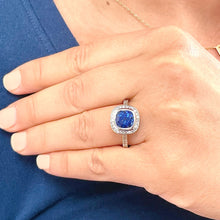 Load image into Gallery viewer, 14k Solid White Gold Natural Cushion Cut sapphire and Natural Diamonds Engagement Ring Bezel Set 2.50ctw