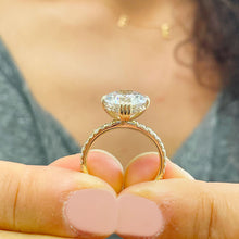 Load image into Gallery viewer, BIG 14k Solid Yellow Gold Round Cut Forever One Moissanite and Natural Round Cut Diamond Engagement Ring Halo, Bridal, Wedding 4.50ctw