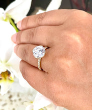 Load image into Gallery viewer, BIG 14k Solid Yellow Gold Round Cut Forever One Moissanite and Natural Round Cut Diamond Engagement Ring Halo, Bridal, Wedding 4.50ctw
