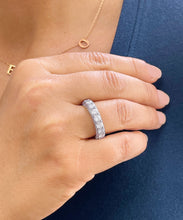 Load image into Gallery viewer, 14K Solid White Gold Round Cut Forever One Moissanite Eternity Band three sided Deco, Bridal, Wedding, Anniversary, Propose, 4.00ctw