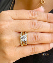 Load image into Gallery viewer, 14k solid yellow gold round cut moissanite and natural diamond engagement ring and two bands, antique style, wedding, 2.75ct