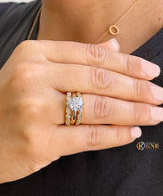 Load image into Gallery viewer, 14k solid yellow gold round cut moissanite and natural diamond engagement ring and two bands, antique style, wedding, 2.75ct