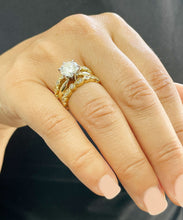 Load image into Gallery viewer, 14k solid yellow gold round cut forever one moissanite and natural diamond engagement ring and two bands, antique style, wedding, 2.75ct