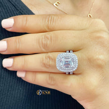 Load image into Gallery viewer, Double Halo 14K Solid White Gold Emerald Cut Moissanite and Natural Diamond Engagement Ring And Band Wedding Bridal 6.30ct