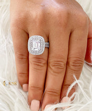 Load image into Gallery viewer, Double Halo 14K Solid White Gold Emerald Cut Moissanite and Natural Diamond Engagement Ring And Band Wedding Bridal 6.30ct