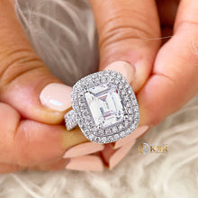 Load image into Gallery viewer, Double Halo 14K Solid White Gold Emerald Cut Moissanite and Natural Diamond Engagement Ring And Band Wedding Bridal 6.30ct