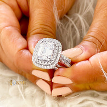 Load image into Gallery viewer, Double Halo 14K Solid White Gold Emerald Cut Moissanite and Natural Diamond Engagement Ring And Band Wedding Bridal 6.30ct